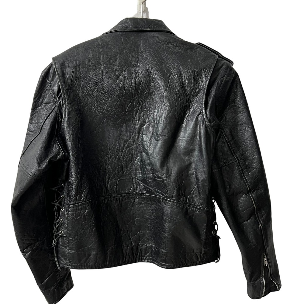 Mens Black Full Grain Leather Motorcycle Jacket Lace Up Sides Belt Size L - Picture 2 of 8